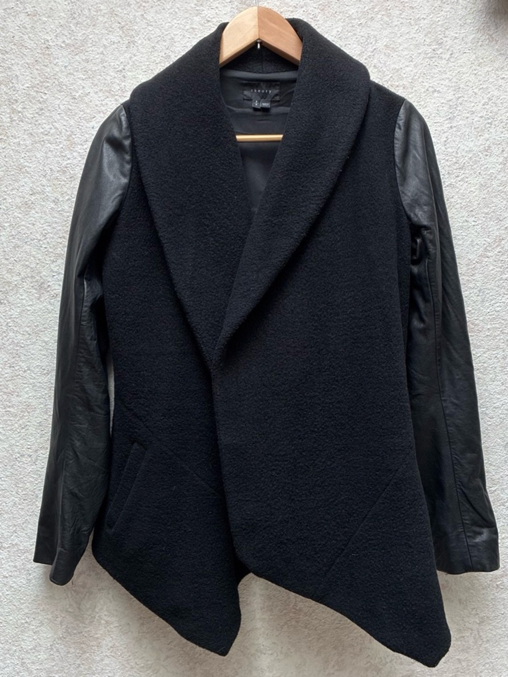 Theory Black Wool Blend Draped Coat with Leather Sleeves